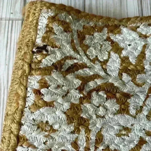 Square wooden handle 100% jute natural tan woven tote bag - Picture 6 of 8